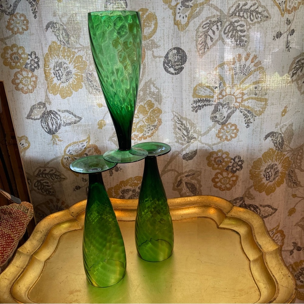 Vintage  3 Empoli Optic Drinking Glasses, Emerald Green  Optic Glass Handblown - Picture 10 of 16